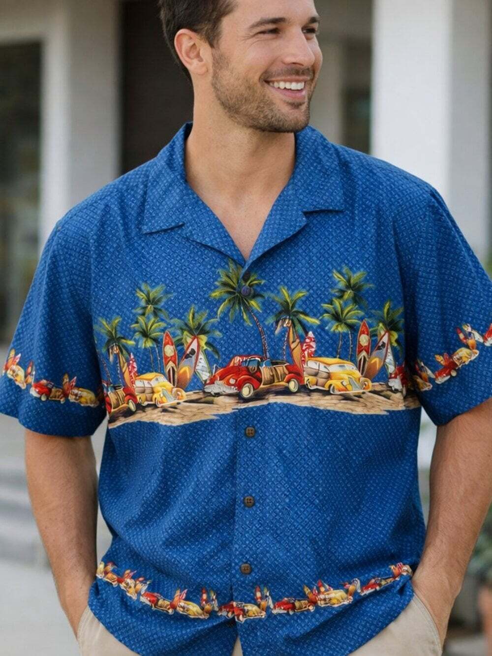 Palmwave Blue Hawaiian Camp Shirt Surf Palm Print XL NWT Aloha Resort